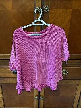 Zenana Outfitters Pink Waffle-Knit Short Sleeve Top